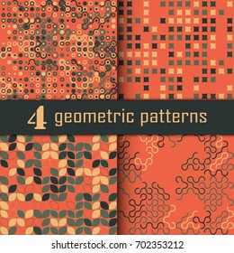 Set of four seamless geometric pattern with colored elements, vector abstract background, colorful geometric background