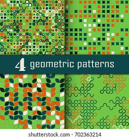 Set of four seamless geometric pattern with colored elements, vector abstract background, colorful geometric background