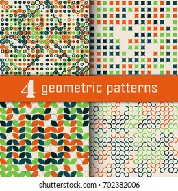 Set of four seamless geometric pattern with colored elements, vector abstract background, colorful geometric background