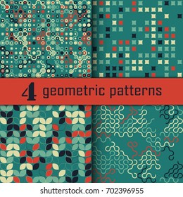 Set of four seamless geometric pattern with colored elements, vector abstract background, colorful geometric background