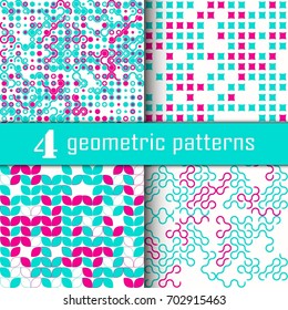 Set of four seamless geometric pattern with colored elements, vector abstract background, colorful geometric background