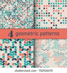 Set of four seamless geometric pattern with colored elements, vector abstract background, colorful geometric background