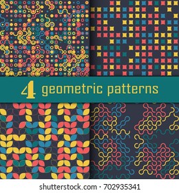 Set of four seamless geometric pattern with colored elements, vector abstract background, colorful geometric background