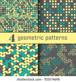 Set of four seamless geometric pattern with colored elements, vector abstract background, colorful geometric background