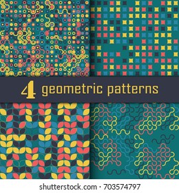 Set of four seamless geometric pattern with colored elements, vector abstract background, colorful geometric background