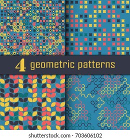 Set of four seamless geometric pattern with colored elements, vector abstract background, colorful geometric background