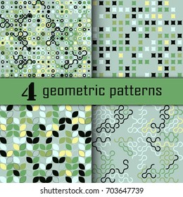 Set of four seamless geometric pattern with colored elements, vector abstract background, colorful geometric background