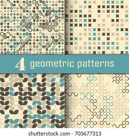 Set of four seamless geometric pattern with colored elements, vector abstract background, colorful geometric background