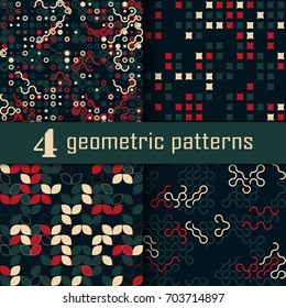 Set of four seamless geometric pattern with colored elements, vector abstract background, colorful geometric background