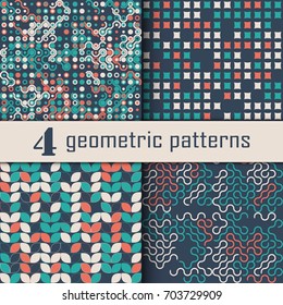 Set of four seamless geometric pattern with colored elements, vector abstract background, colorful geometric background