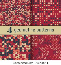 Set of four seamless geometric pattern with colored elements, vector abstract background, colorful geometric background