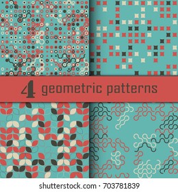 Set of four seamless geometric pattern with colored elements, vector abstract background, colorful geometric background