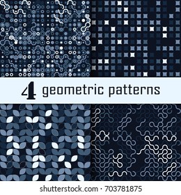Set of four seamless geometric pattern with colored elements, vector abstract background, colorful geometric background