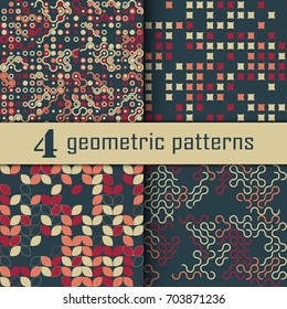 Set of four seamless geometric pattern with colored elements, vector abstract background, colorful geometric background