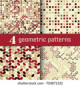 Set of four seamless geometric pattern with colored elements, vector abstract background, colorful geometric background