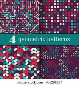 Set of four seamless geometric pattern with colored elements, vector abstract background, colorful geometric background