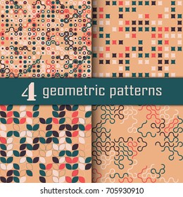 Set of four seamless geometric pattern with colored elements, vector abstract background, colorful geometric background