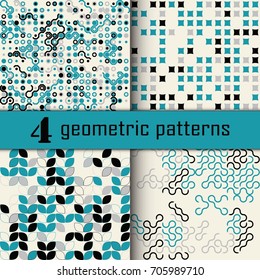 Set of four seamless geometric pattern with colored elements, vector abstract background, colorful geometric background
