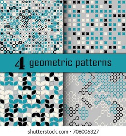 Set of four seamless geometric pattern with colored elements, vector abstract background, colorful geometric background