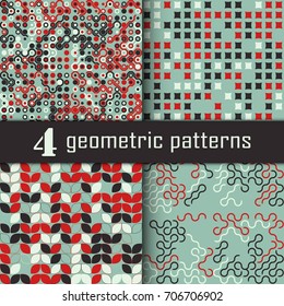 Set of four seamless geometric pattern with colored elements, vector abstract background, colorful geometric background