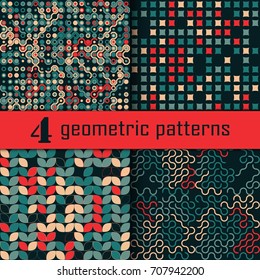 Set of four seamless geometric pattern with colored elements, vector abstract background, colorful geometric background