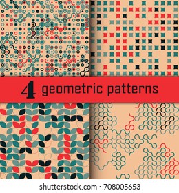Set of four seamless geometric pattern with colored elements, vector abstract background, colorful geometric background