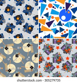 Set of four seamless geometric patterns Russian avant-garde. The structures of geometric shapes based on the revolutionary style of the early twentieth century. Colored circles, triangles, polygons.