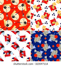 Set of four seamless geometric patterns. Retro style vanguard. The structures of geometric shapes based on the revolutionary style of the early twentieth century. Colored circles, triangles, polygons.