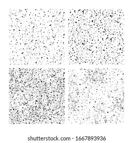 Satz von vier nahtlosen grauen, gesprenkelten, staubigen Texturen, Mustern, Hintergründen. Stein, Wand, Schmutz, Beton