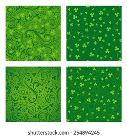 Set of four seamless green St. Patrick's day backgrounds with floral swirls and clover leaves.