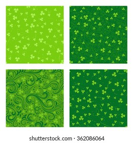 Set of four seamless green St. Patrick's day backgrounds with floral swirls and clover leaves.