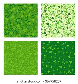Set of four seamless green St. Patrick's day backgrounds with floral swirls and clover leaves.