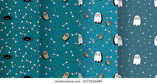 Set of four seamless Halloween patterns. Spider, bone and ghost on  dark background. All Saints Day. International holiday. For backgrounds, wallpapers, textiles, packaging, or websites.