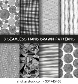 Set of four seamless hand drawn graphic patterns. Made in vector