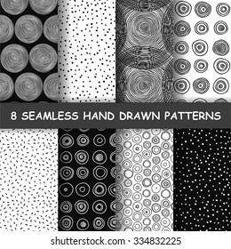 Set of four seamless hand drawn graphic patterns. Made in vector