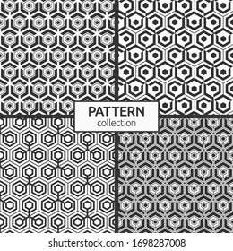 Set of four seamless hexagons patterns. Modern stylish textures. Small hexagons connected with lines. Repeating geometric tiles with triple elements. Vector monochrome backgrounds.