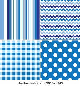 Set of four seamless illustrated blue and white patterns