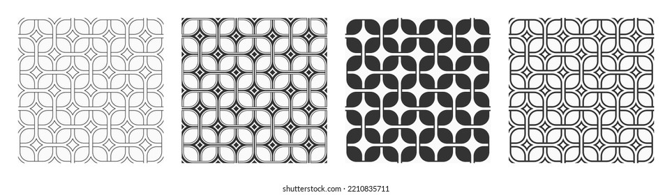 Conjunto de cuatro patrones vectoriales de entramado sin soldadura. Tejiendo texturas. Rejas geométricas, patrones de contorno de rejilla. Patrones de entrelazado en blanco y negro. Fondos geométricos.