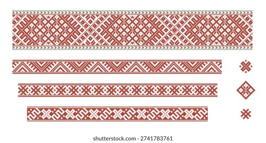 Set of four seamless Latvian folk ornament belts in flat style. Traditional ethnic symbols include snake, wisdom sign, double cross, sun and human figure. Decorative repeating patterns in dark red color for textile, branding and packaging design
