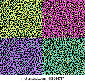 Set of four seamless leopard patterns 80s 90s style.Fashionable exotic animal prints with bright neon colors- pink,green,violet,yellow.Vector