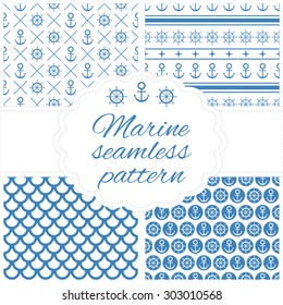 Set of four seamless marine (navy) pattern. Vector illustration. For menu, cards, invitations, wedding or baby shower albums, backgrounds, wallpapers, arts and scrapbooks. The frame is removed.