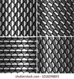 Set of four seamless metallic backgrounds with glossy silver pattern