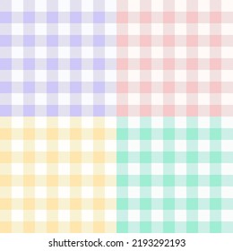 Set of four seamless pastel colored gingham patterns. Vector vichy background. Fabric texture print for clothing, tablecloths, bedding, wrapping paper, scrapbooking,  decor, greeting card design 