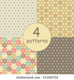Set of four seamless pattern. Abstract  retro geometric backgrounds.  Multicolored circles and triangles. 
