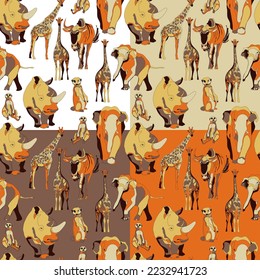 Set of four seamless pattern with african animals (wildebeest, giraffe, elephant, rhinoceros, meerkat).Vector illustration.