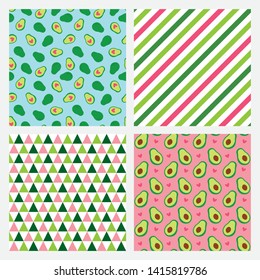 Set of four seamless pattern with avocado, stripes and triangles