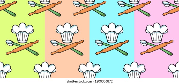 Set of four seamless pattern with chef hats, rolling pins and spoons. Green, orange, blue, pink backgrounds. Idea of wrapping paper for backery goods. Concept of wallpaper for bakery.