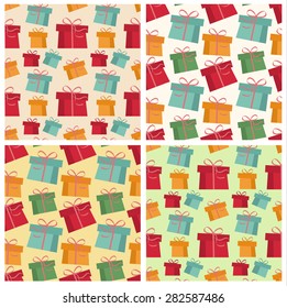 Set of four seamless pattern of colored gifts
