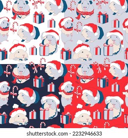 Set of four seamless pattern with cute guinea pigs in santa hat. Christmas patterns. Vector illustration.