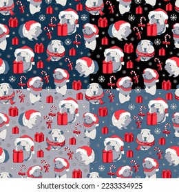 Set of four seamless pattern with cute Guinea pigs in Santa hat, gifts, candy cane and snowflakes. Christmas background. Vector illustration.